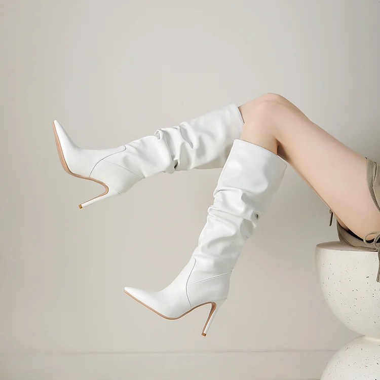 Women's Winter Pointed Toe Pleated Velvet Lining Stiletto Heel High Boots