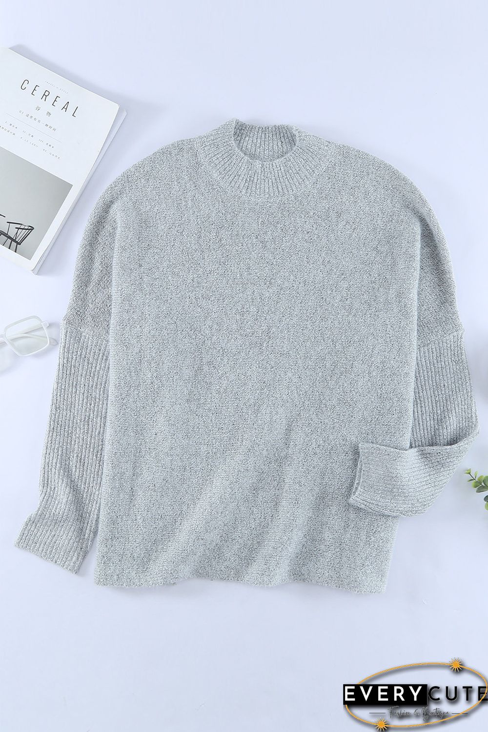 Grey High Neck Oversized Sweater with Slits