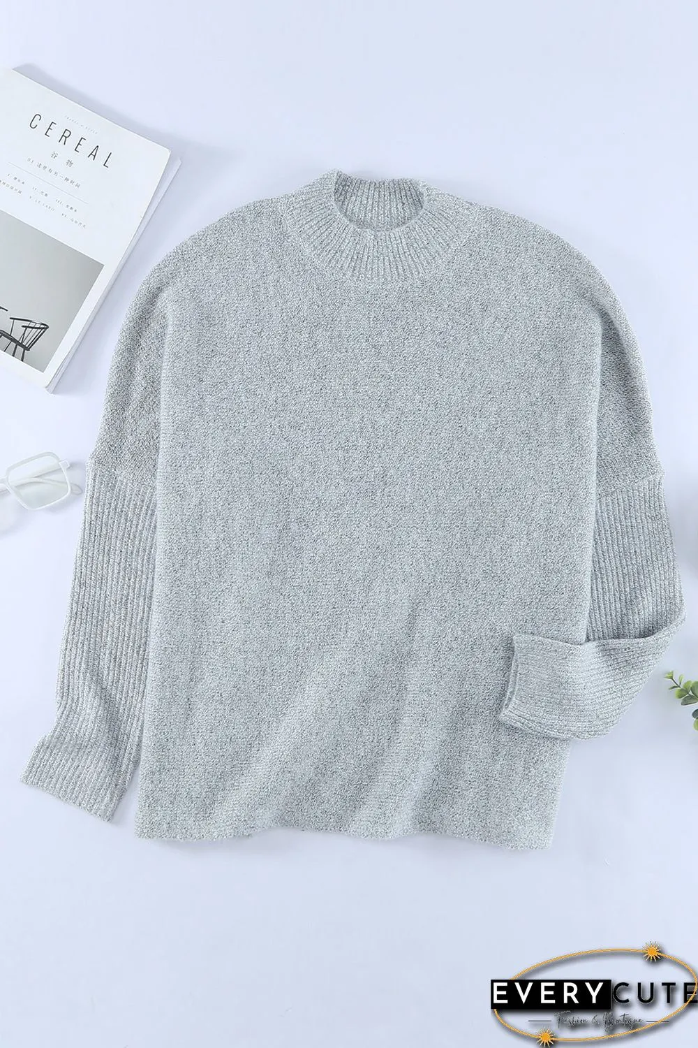 Grey High Neck Oversized Sweater with Slits