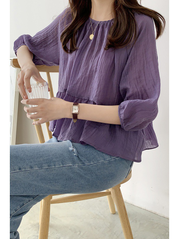 Textured Puff Half Sleeve Tiered Hem Casual Top