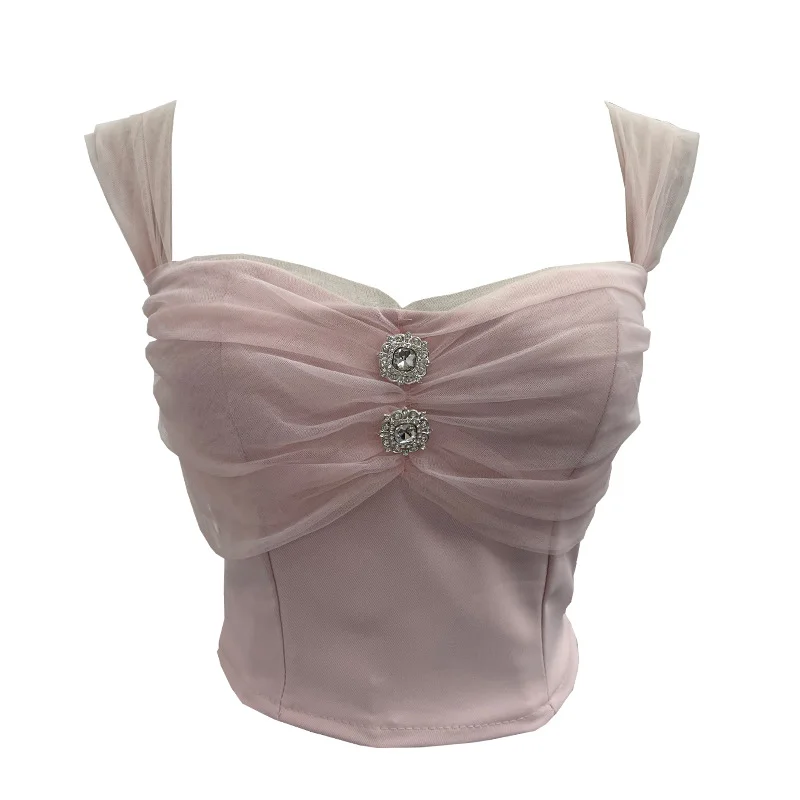 Nigikala Nigikala Shooting Net Red Pure Lust Folding Net Yarn Splicing Sling Sling Vest Bratie Short Sleeveless Top 8039