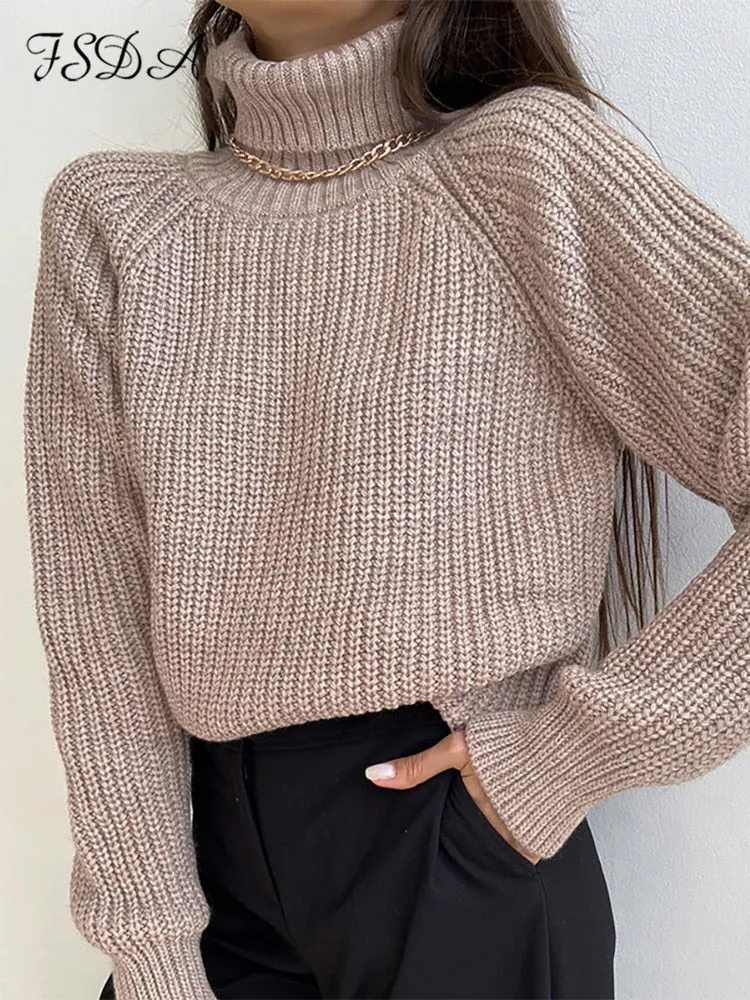 Turtleneck Women Sweater Women Khaki Long Sleeve Pullover 2022 Autumn Winter Casual Pink Jumper Top Loose Oversized