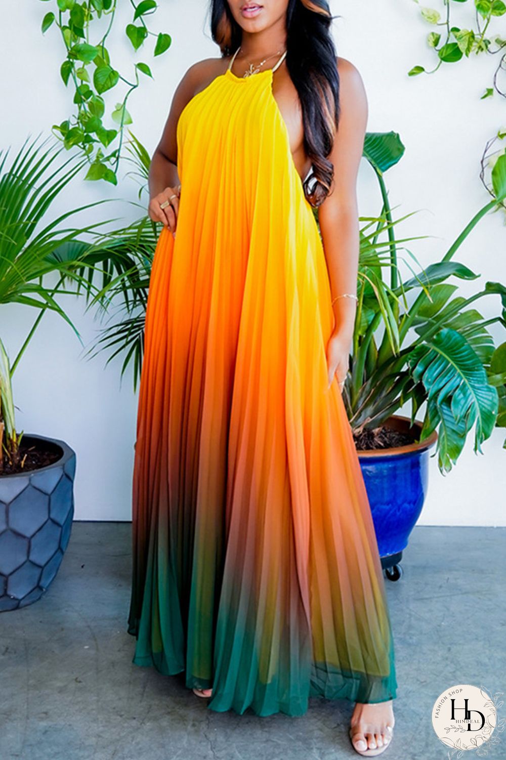 Yellow Sexy Casual Gradual Change Print Backless O Neck Sleeveless Dress