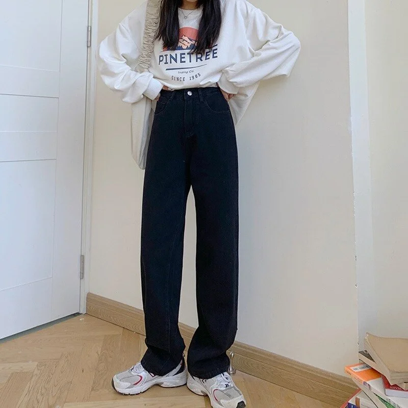 High Waist Jeans Stylish Loose All-match Pure Simple Harajuku Teens Streetwear Black Denim Trouser Popular Boyfriend Autumn 2021