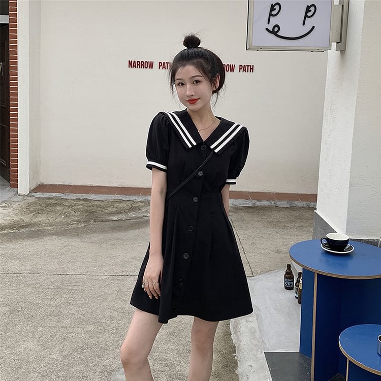 Dresses Women S-3Xl Black Fashion Preppy Elegant Harajuku Sailor Collar Casual Summer Single Breasted Design Vintage Clothes Ins - Life is Beautiful for You - SheChoic