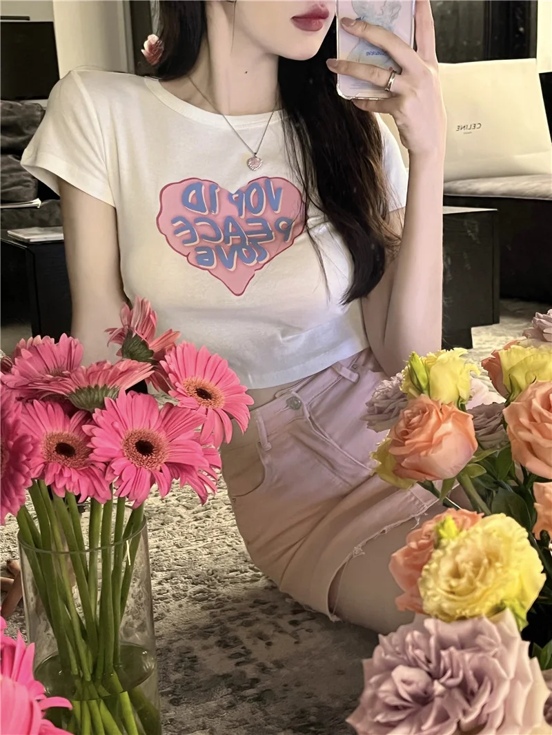 Uveng Uveng T-Shirt Girl 2023 Summer New Ins Trendy Sweet Hot Girl Print Design Sense Short Slim Student Top