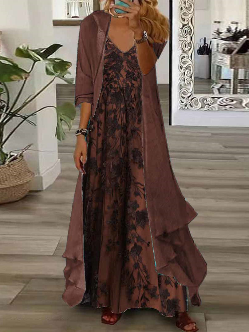 Women's Long Sleeve V-neck Floral Printed Two Pieces Maxi Dress