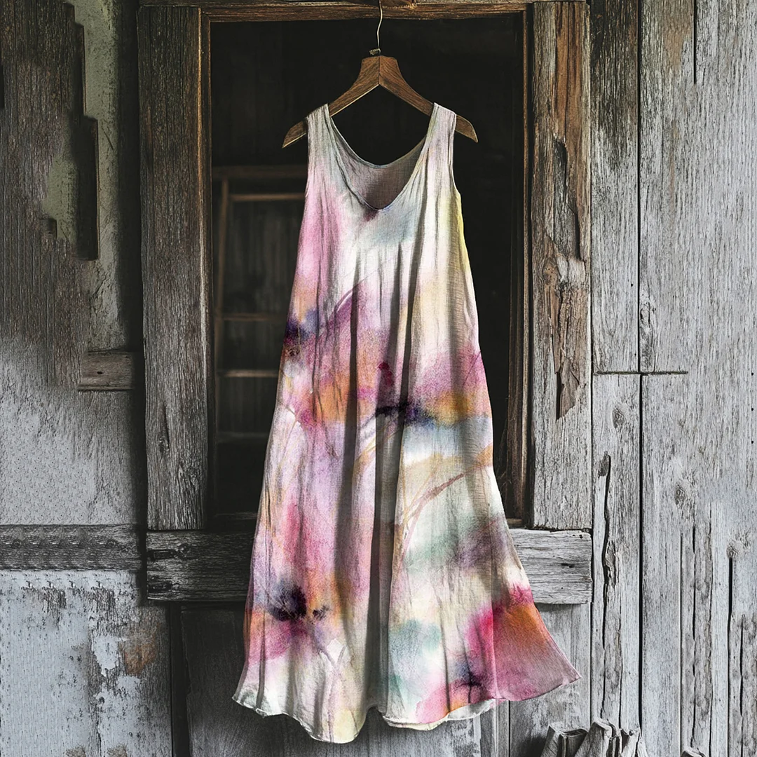 Vintage Floral Painting Art Linen Tank Dress