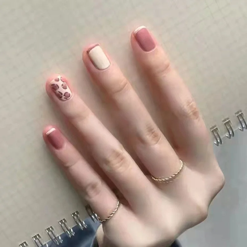 24pcs Pink Smudges False Nails Patch Glue Type Removable Short Paragraph Manicure Nail patch Finished Printing Fake Nails-Nail Inspo