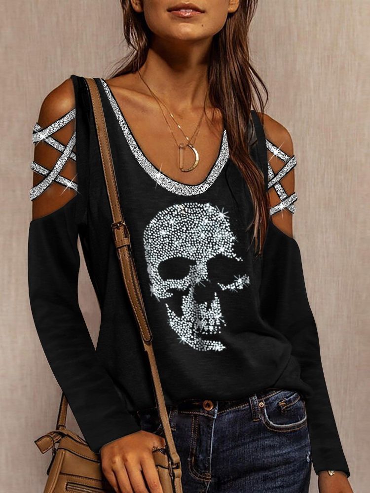 2021 Sexy Off Shoulder Leopard Blouse Spring O-Neck Loose Shirt Women Summer Hollow Out Pullover Long Sleeve Skull Head Tops