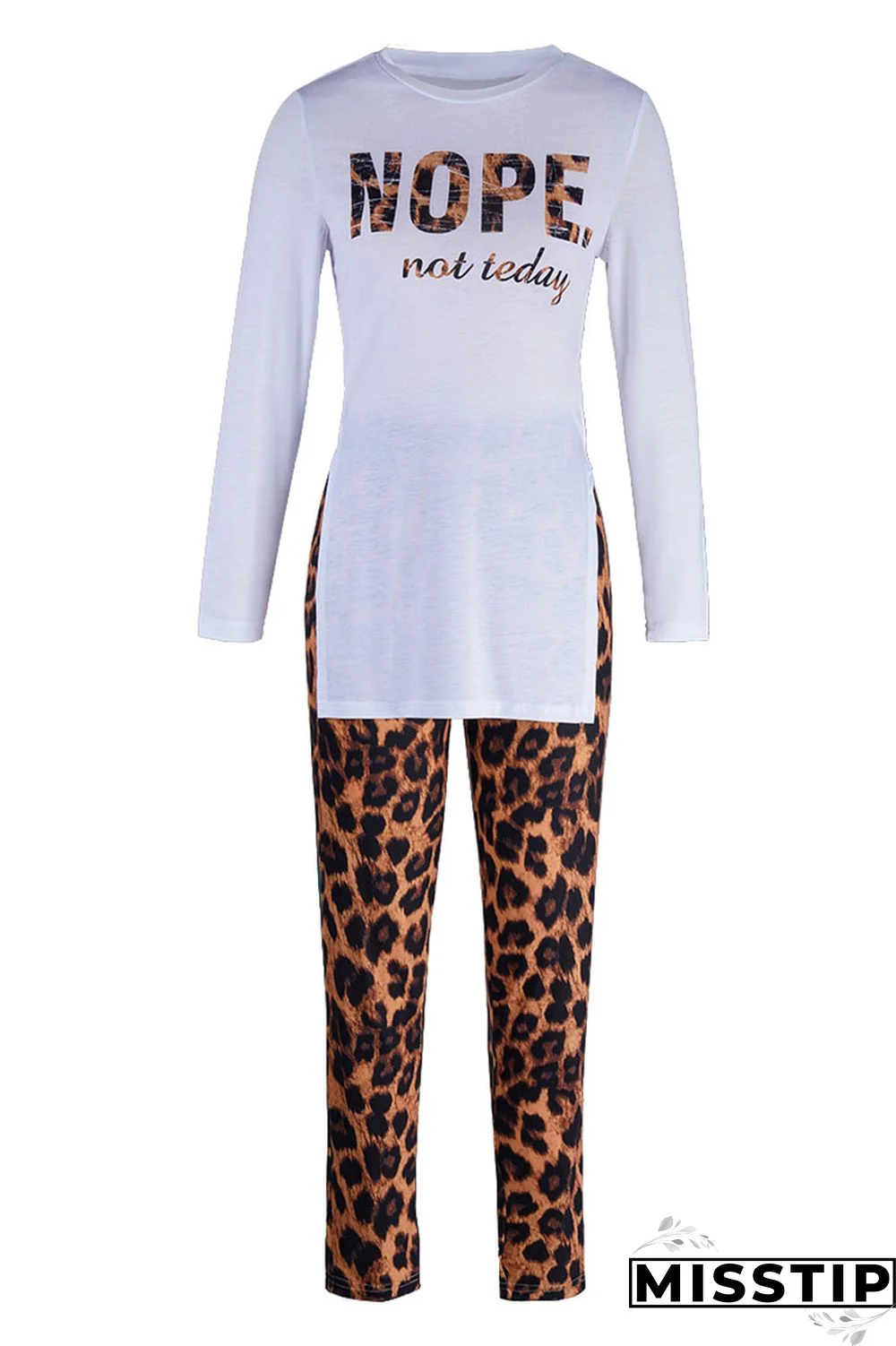 Black Casual Letter Print Patchwork Slit O Neck Long Sleeve Two Pieces