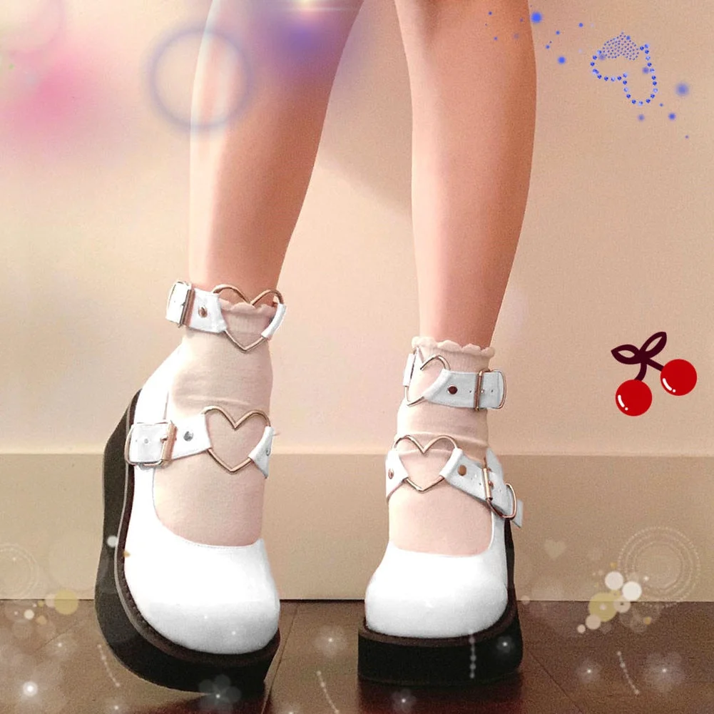 2021 Brand New Plus Size 43 Sweet Gothic Style Girls Pink Black Heart Decoration Mary Janes Flats Platform Shoes Women