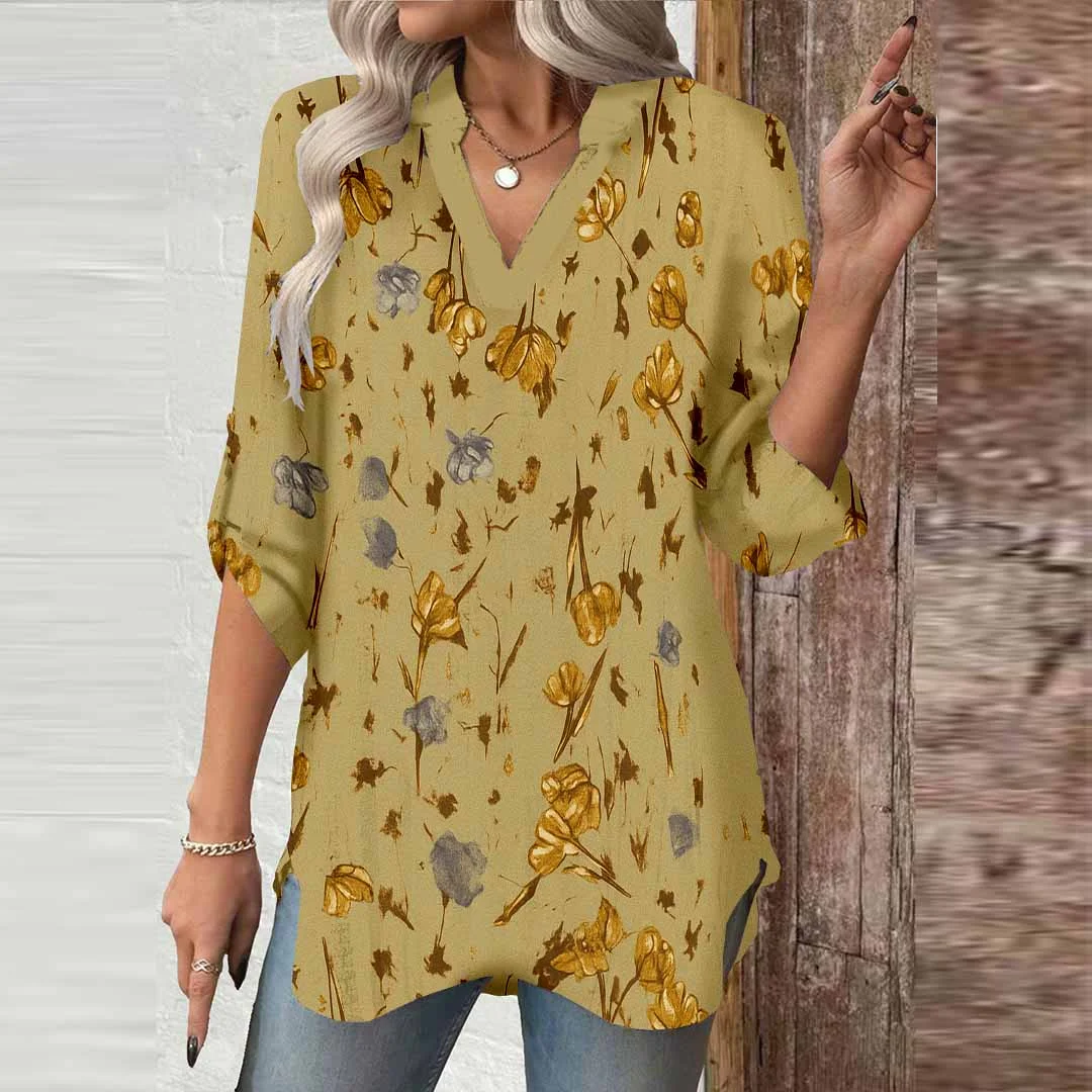 Women Floral, Yellow, Gold DZGA0610 3/4 Sleeve V-neck Printed Graphic Button Tops