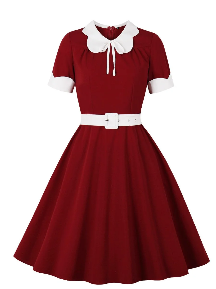 1950s Dress Vintage Bow Neck Short Sleeve Tie Waist Swing Dress