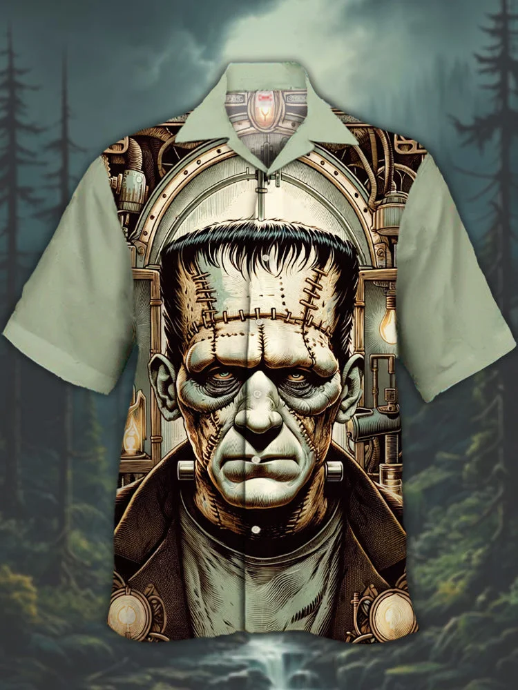 Eye-Catching Horror Art Horror Characters Stitched Monster Printing Cuban Collar Hawaiian Short Sleeve Shirt BestDVibe