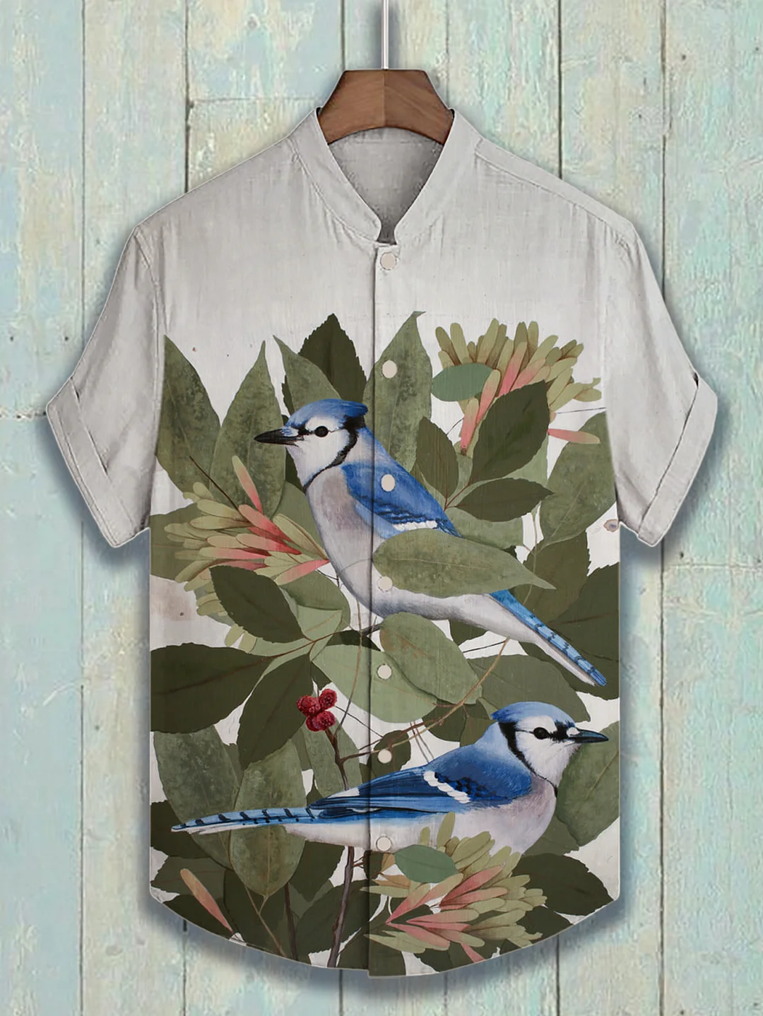 Men's Plant Birds Art Print Casual Short Sleeve Shirt