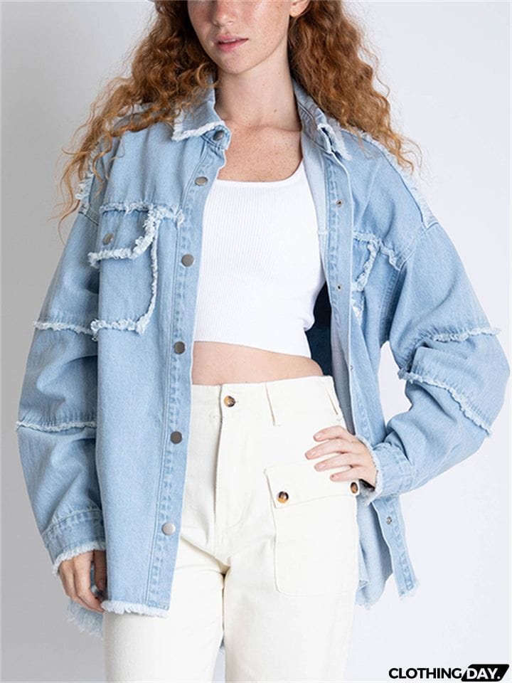Women's Super Cool Peace Raw Edge Lapel Button Denim Coat