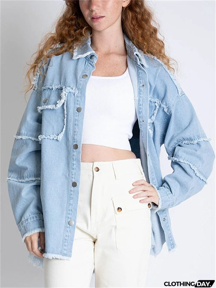 Women's Super Cool Peace Raw Edge Lapel Button Denim Coat