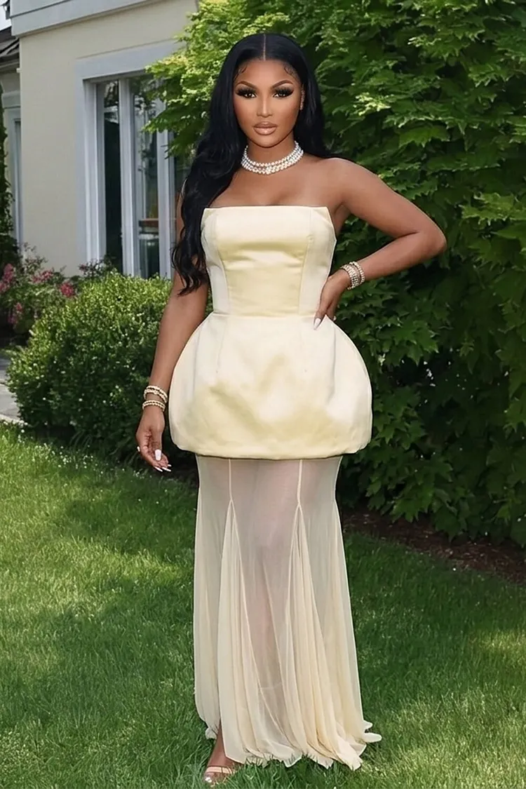 mesh patchwork feather design dress Strapless See Through Mesh Patchwork Gowns Maxi Dresses-Yellow [Pre Order]