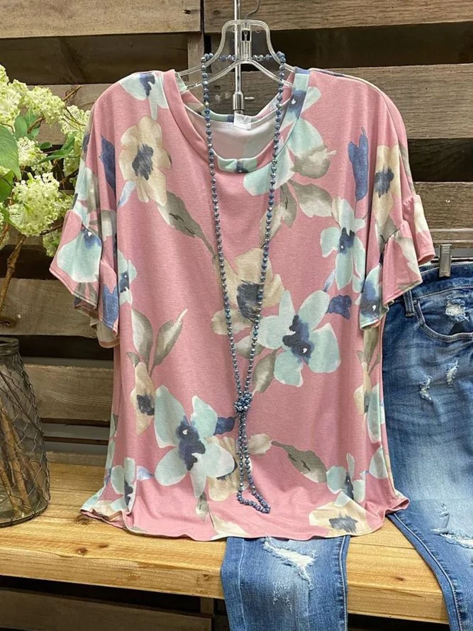 Floral-print Crew Neck Casual Cotton-Blend Tops