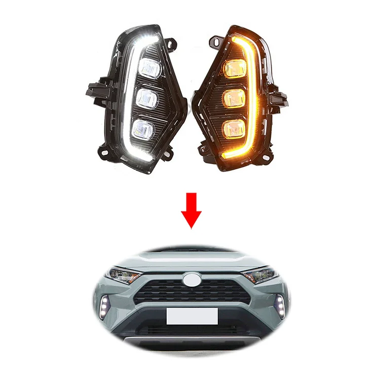 Car LED DRL Daytime Running Light Yellow Turn Signal Light Bumper Lamp Fog Lamp DRL For Toyota RAV4 2019 2020 2021 ITN Auto