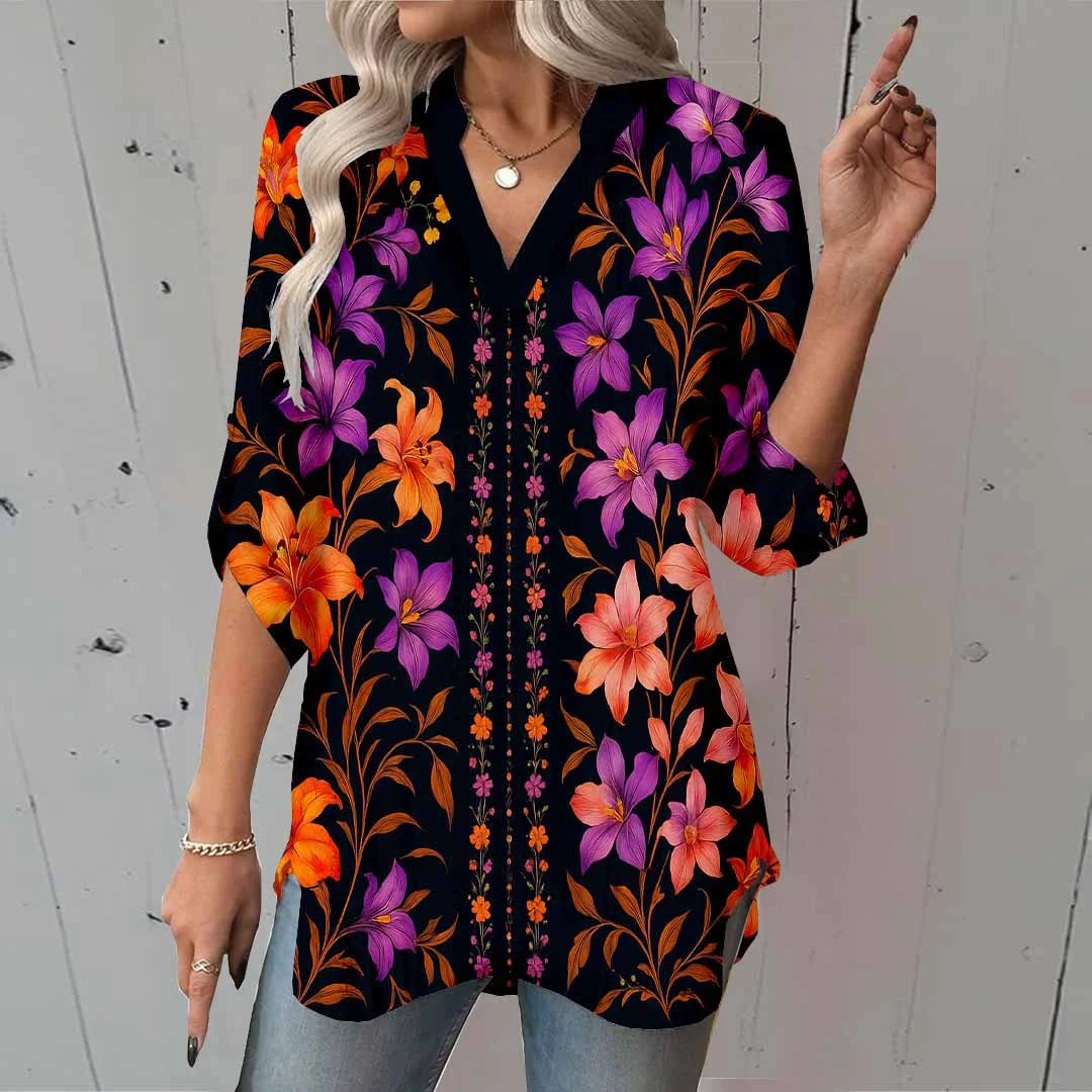 Women Floral, Black, Orange, Purple DZGA0086 3/4 Sleeve V-neck Printed Graphic Button Tops