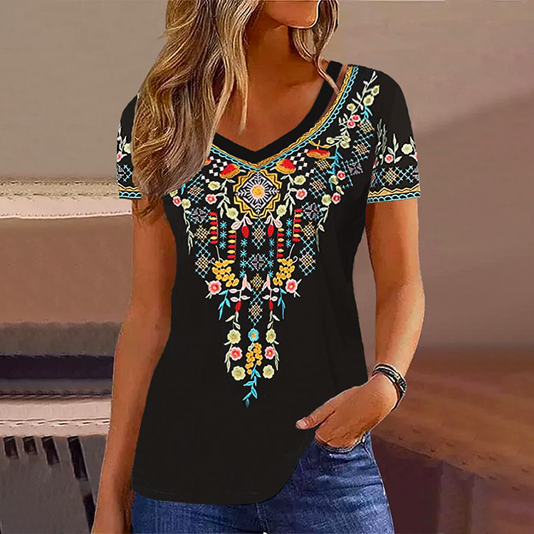 Vintage Ethnic Print V-Neck T-Shirt