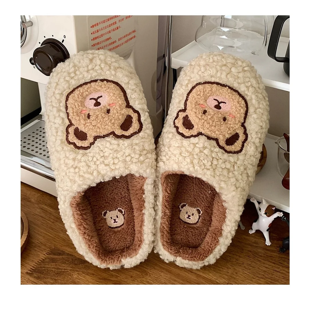 2022 Winter Women Slipper Lovely Bear Cartoon Plush Cotton Home Slippers Female Indoor Household Anti-Skid Thick Bottom Slipper