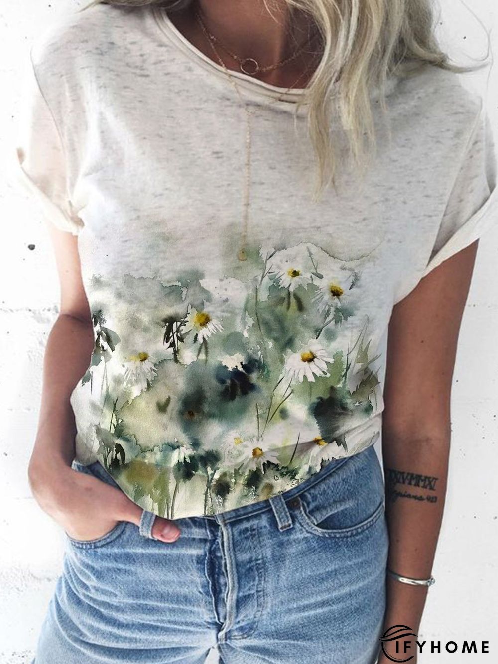 Cotton-Blend Floral Short Sleeve Casual T-shirt | IFYHOME