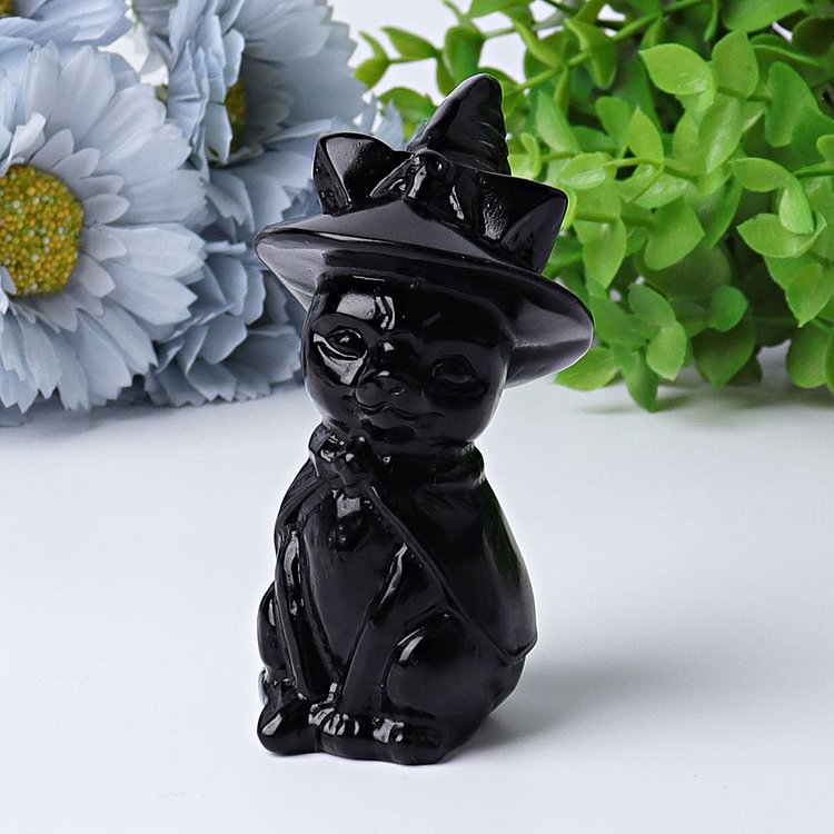 3.5" Black Obsidian Cat with Witch's Hat Crystal Carvings