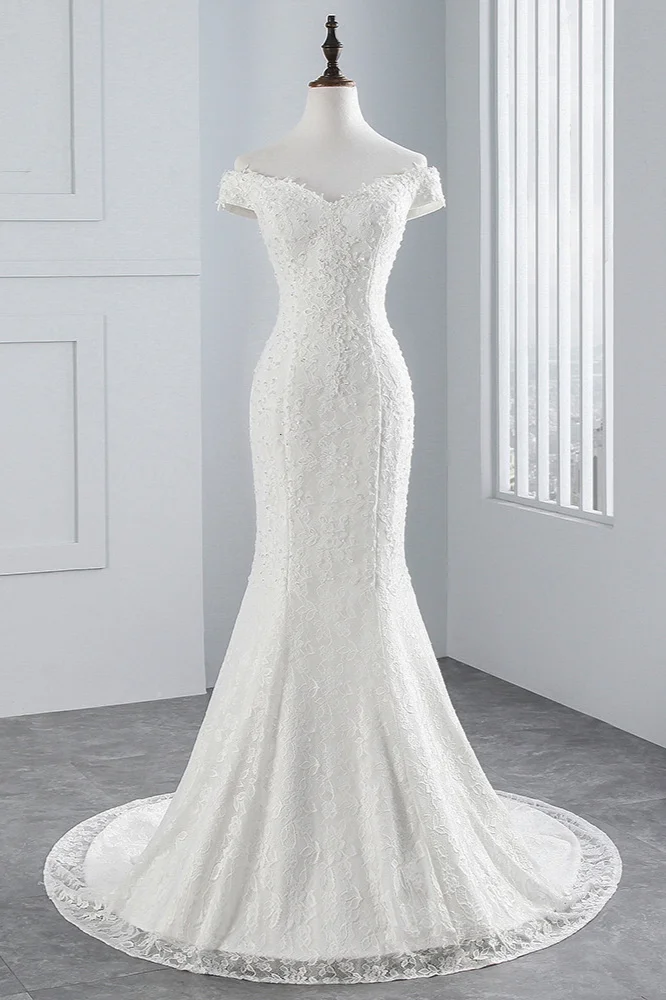 Off-the-shoulder Floor-length Long Mermaid Wedding Dress With Lace