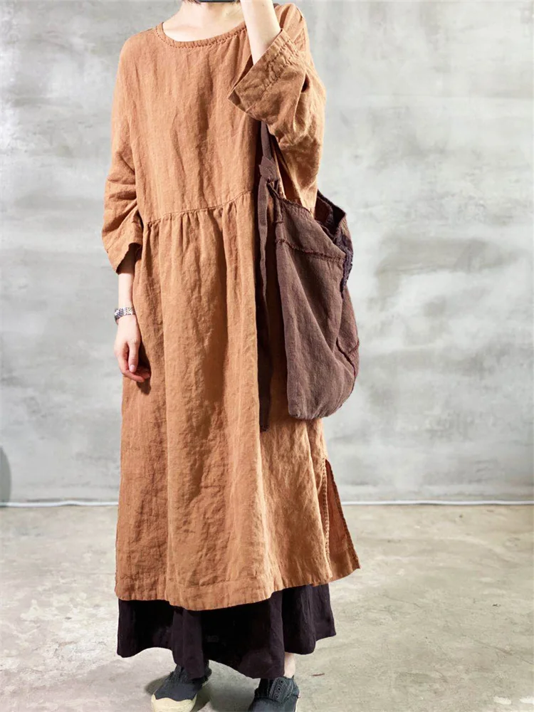 Vintage Washed Oversize Pleated Linen Dress
