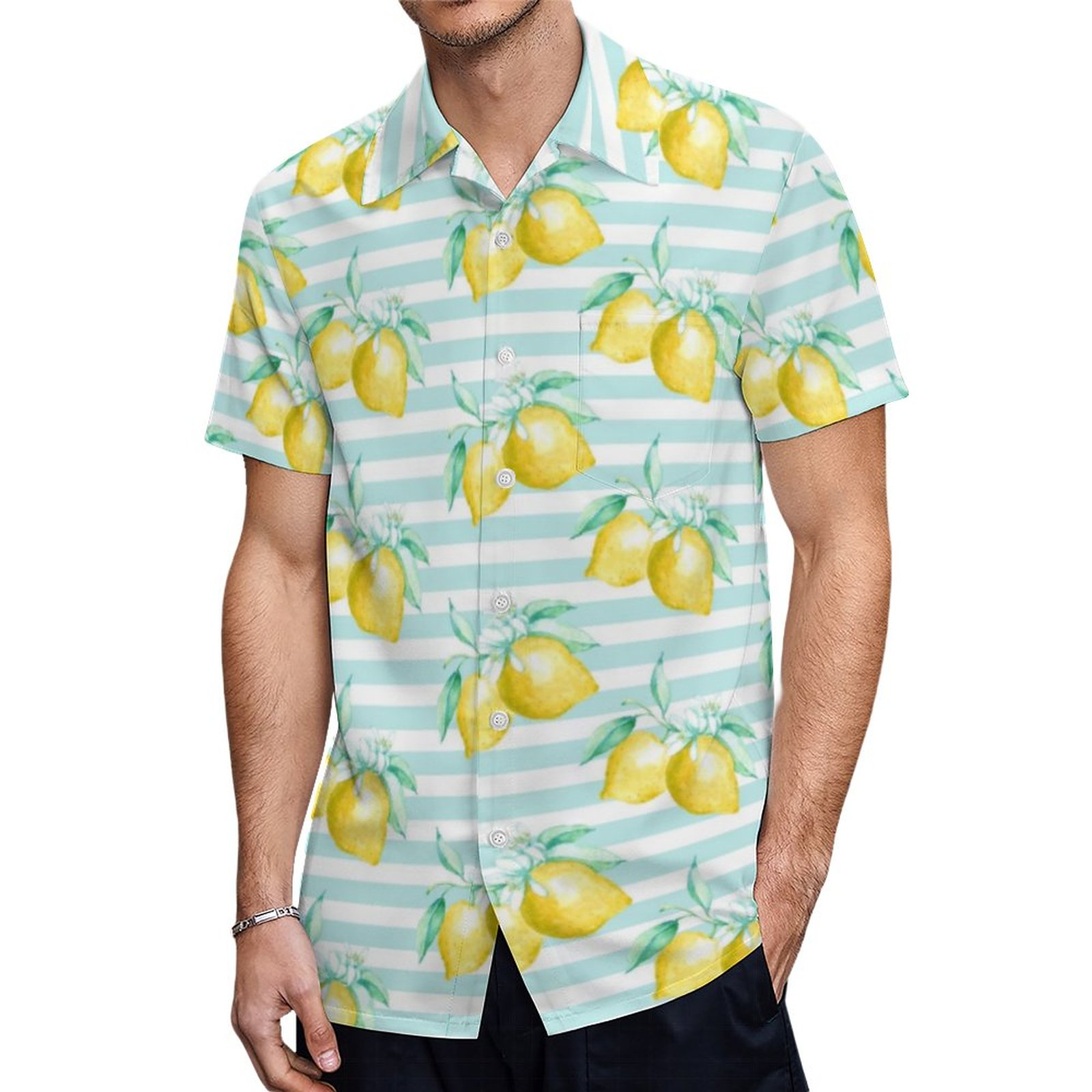 Yellow Lemons Aqua Blue White Striped Hawaiian Shirt Mens Button Down Plus Size Tropical Hawaii Beach Shirts