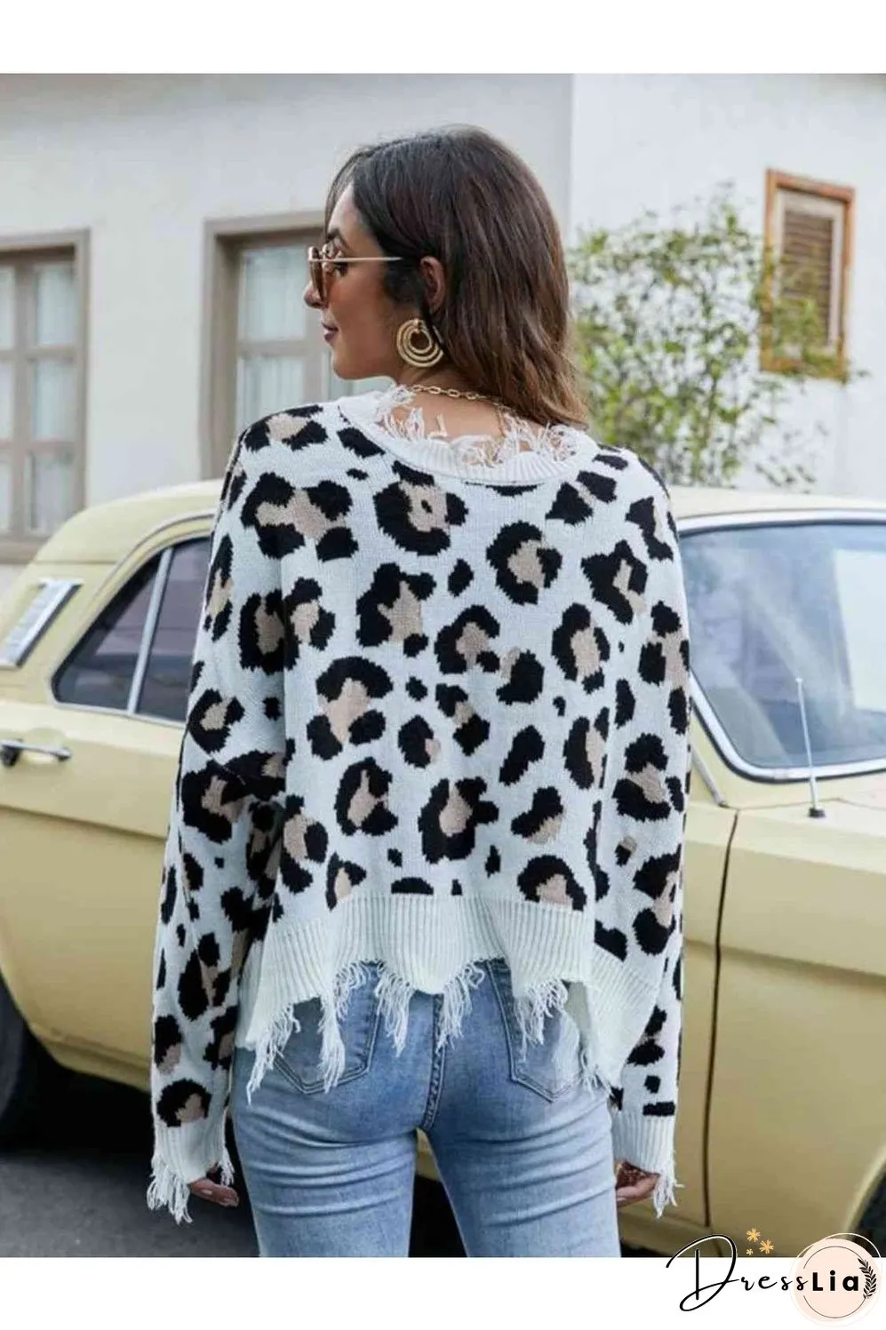 Animal Print Distressed V-Neck Drop Shoulder Sweater