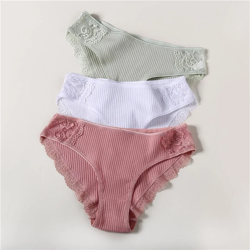 3PCS/Set 6 Color Women Panties Cotton Lace Briefs Solid Color for Female Striped Sexy Cotton Underwear Lingerie Low Waist Flower