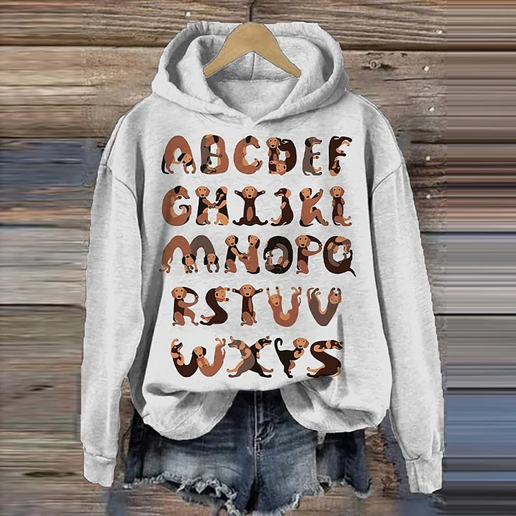 Wearshes Women's Funny Dachshund Dog Alphabet Graphic Print Hoodie