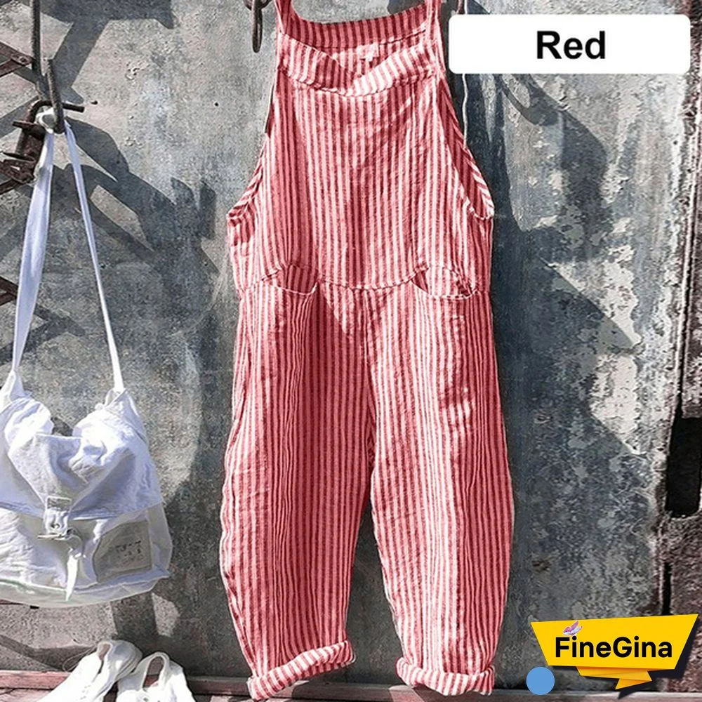 New Women Casual Jumpsuit Striped Loose Long Suspender Overalls Cotton Linen Trousers Bib Pants