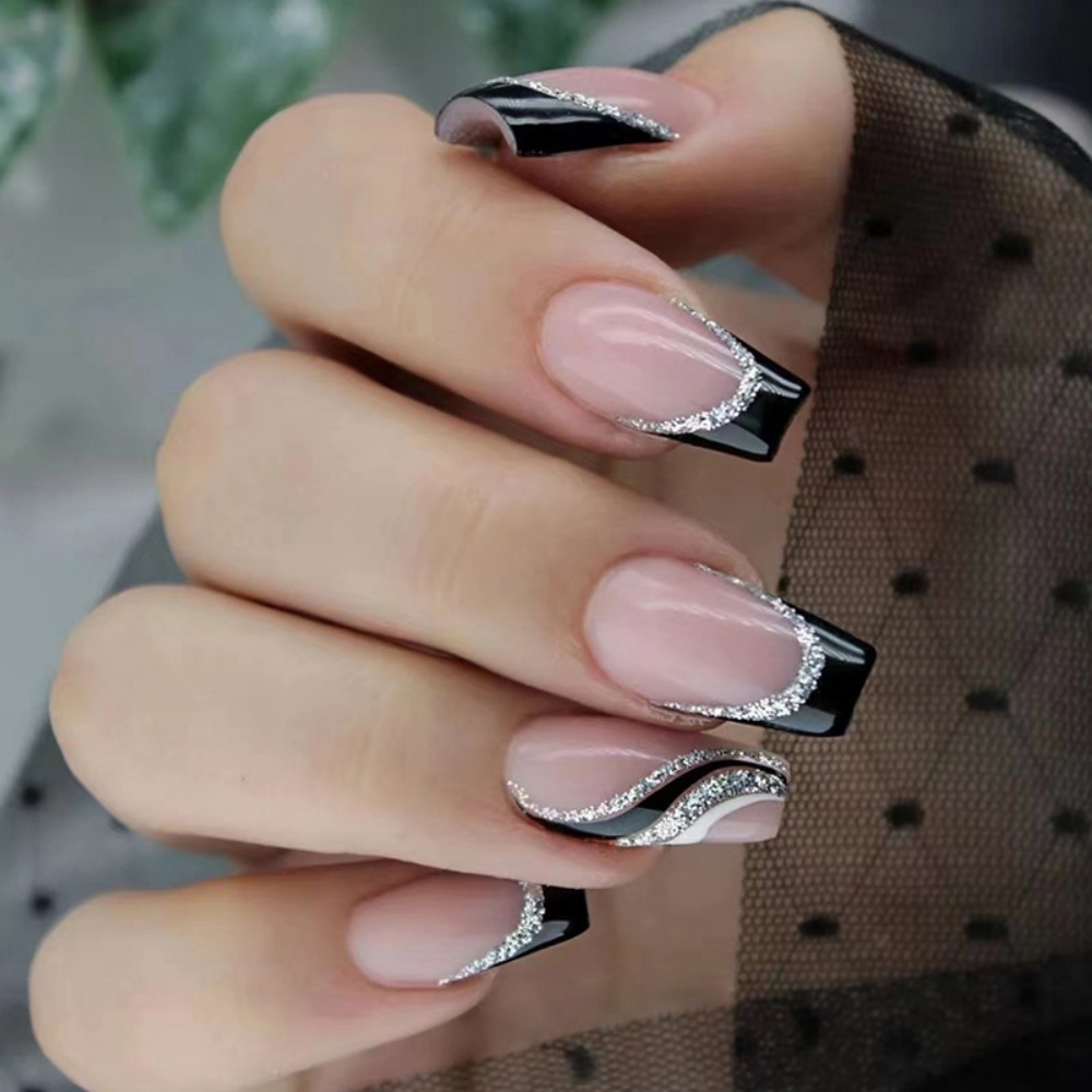 24pcs Mid-length Ballet Press on False Nails Simple Black Full Cover Nails Tips White Glitter French Design Fake Nail Wearable