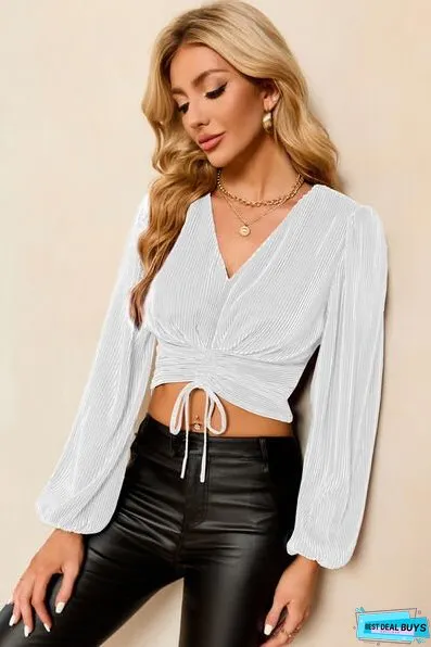 Drawstring V-Neck Balloon Sleeve Blouse