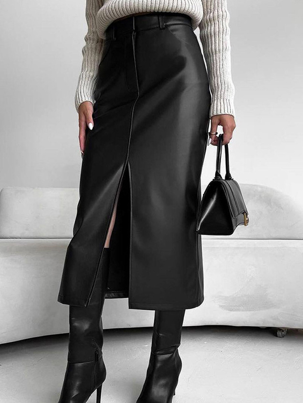 Retro PU Leather Fleece-Lined Slit Midi Skirt