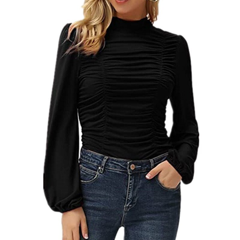 2022 New T Shirt Women Clothing Solid Stand Neck Long Sleeve Plus Size Fashion Ruched Chic Tops Ladies Casual Slim Tee Shirt
