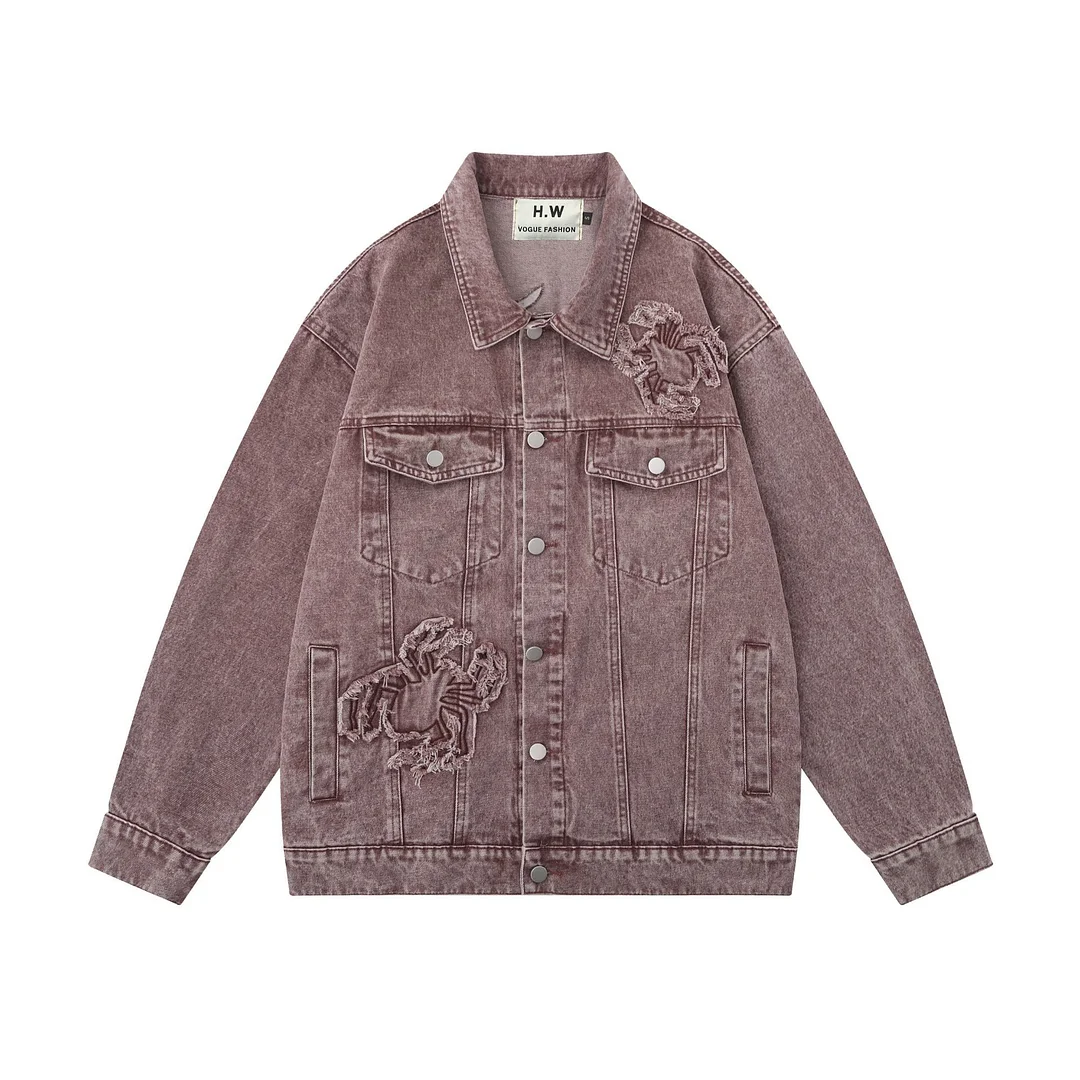 Old School Vintage Spider Embroidered Denim Ripped Cardigan Jacket Men and Women Couple Loose Jacket Top