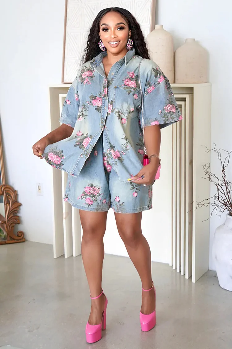 Floral Pattern Denim Short Sleeve Blouse Casual Shorts 2pcs Set-Blue
