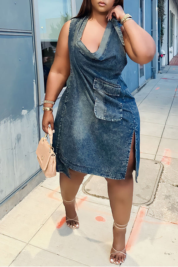 Stylish Sleeveless Loose-fitting Pocket Casual Denim Maxi Dress