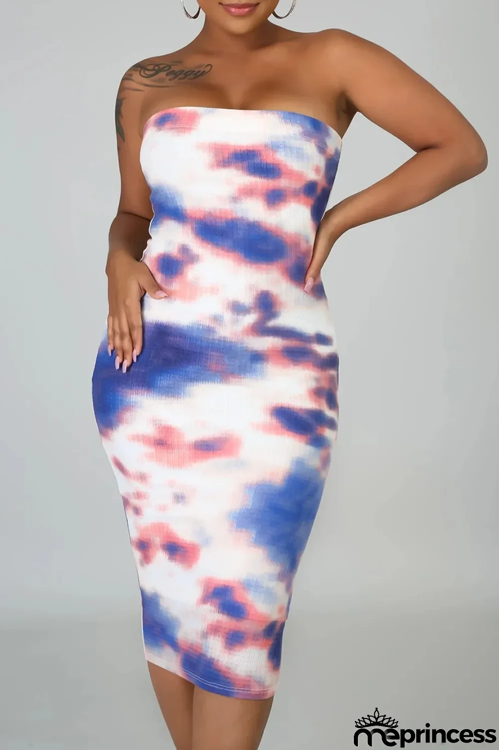 Deep Blue Sexy Patchwork Tie-dye Strapless Pencil Skirt Dresses