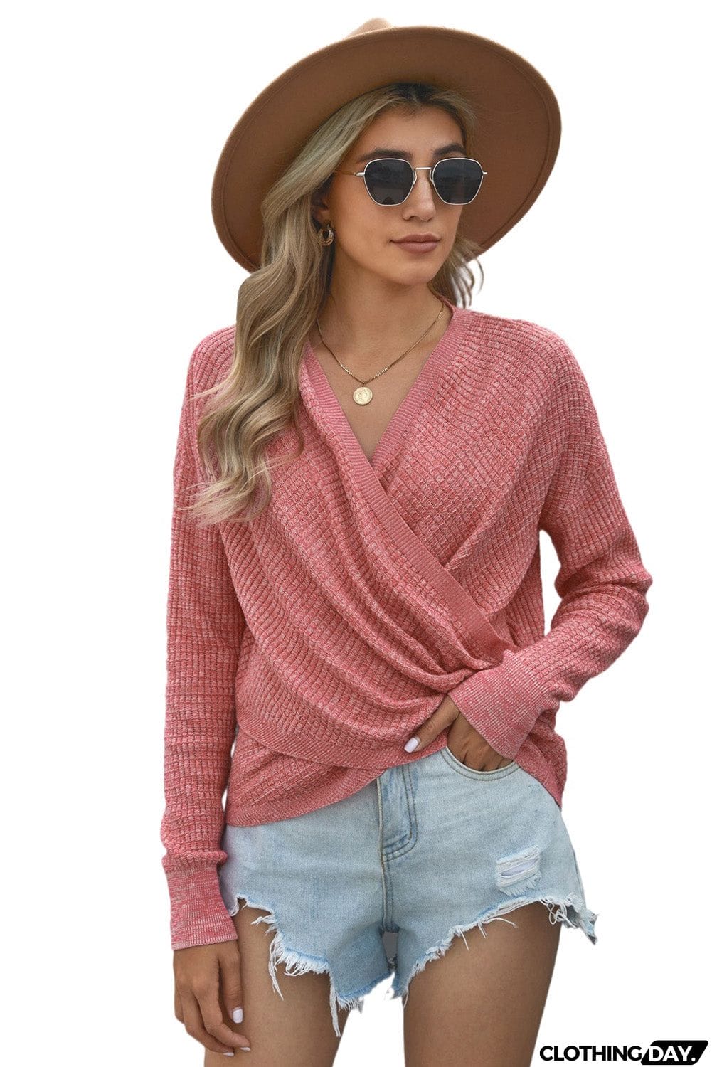 Women's Pink Deep V-neck Long Sleeve Knit Sweater