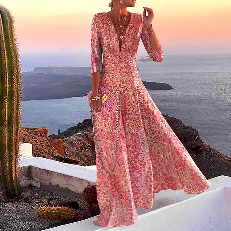 Vefave Fashion Print Long Sleeve Maxi Dress