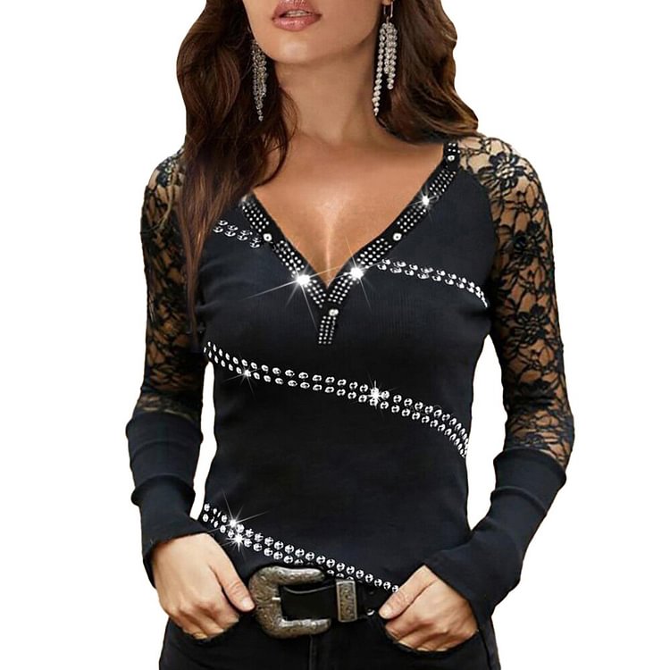 Lace Sequin Blouses Office Lady for Women Slim Fit Blouse Fashion Chic Elegant Shirts Fashion V-Neck Long Sleeve Blouse Tops - BlackFridayBuys
