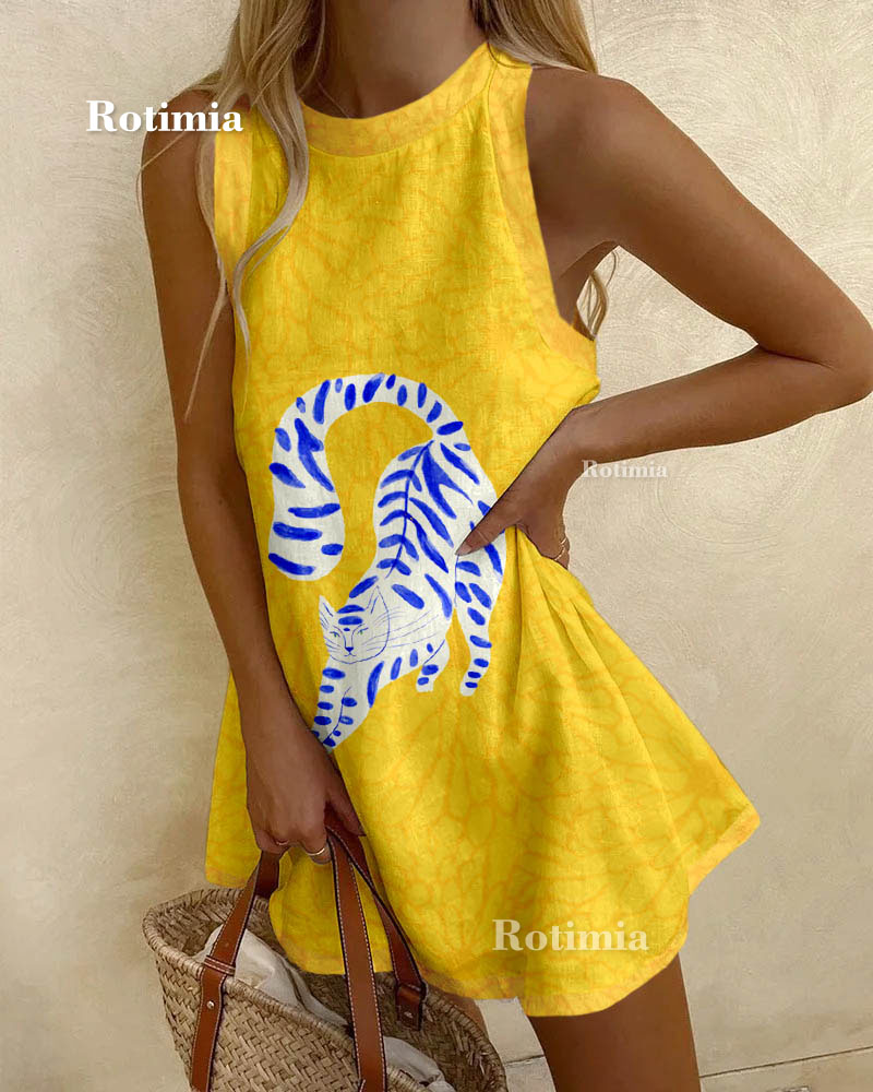 Three Fishes Casual Print Sleeveless Dress