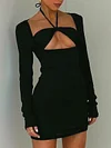 Stylish Solid Color Bandage Halterneck Long Sleeves Mini Dress Set